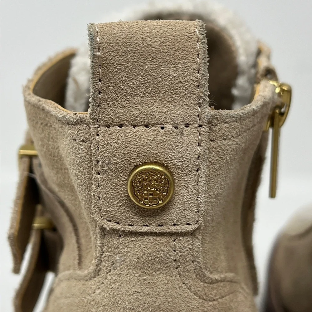 VINCE CAMUTO Destonny Cozy Buckle Booties Tan Suede and Sherpa Side Zip Sz 6 new
